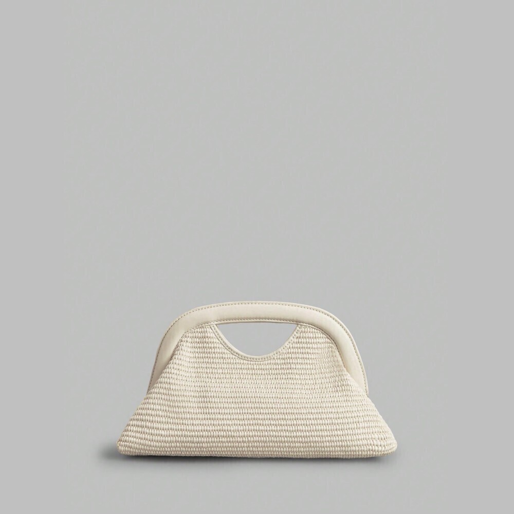 Cream Woven Faux Leather Clutch Top Handle